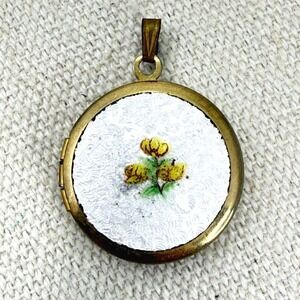 Vintage Guilloche Enamel Locket Floral Pendant Gold Tone Round Keepsake Charm